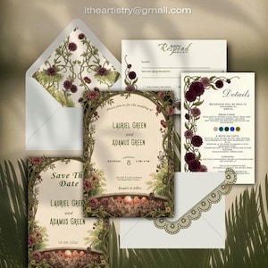 Könnte beinhalten: Ein Hochzeitspapeterie-Set mit cremefarbenen Karten, die mit dunkelroten Blumen- und Rankenillustrationen verziert sind. Das Set enthält eine Save-the-Date-Karte, eine Einladung, eine Detailkarte und eine Antwortkarte mit botanischen Motiven.