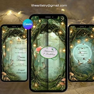 Puede incluir: Tres teléfonos inteligentes que muestran un diseño de invitación digital con temática de bosque, con ramas de árboles retorcidas, linternas colgantes, mariposas y setas. El texto incluye "Hear ye! Hear ye!", "Princess Rhianna", "8th Birthday" y "The Grand Conservatory Hall".