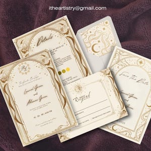 Celestial Nouveau Wedding Invitation Bundle, Starry Night Canva Invite, Whimsical Gold Moon Constellation Suite, Written In The Stars Card