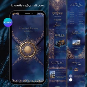 May include: A digital invitation template for a mobile phone screen featuring a deep blue background with gold celestial patterns, a central wax seal graphic, and text including A Magical Evening Awaits, The Court of Honor, and Dress Code.