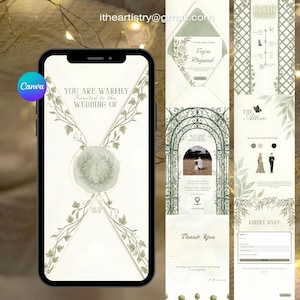 Puede incluir: Un conjunto de invitaciones de boda digitales en la pantalla de un teléfono inteligente y paneles laterales, con ilustraciones de hiedra verde salvia, un sello de cera y texto que incluye You Are Warmly Invited to the Wedding of Feyre and Rhysand.