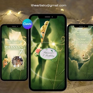 May include: Three smartphone screens displaying digital birthday invitation templates with a green leaf theme. The designs feature a blonde fairy character, sparkling light effects, and text including Rhianna's 7th Birthday and The Grand Conservatory Hall.