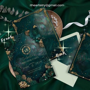 May include: Emerald green birthday party invitations with gold accents. The front of the invitation reads "Isabella's Birthday Party" with the number 18 in a gold circle. The back of the invitation is visible, along with an envelope. The email address itheartistry@gmail.com is visible.