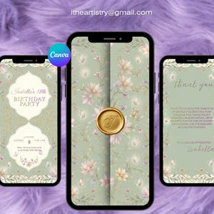 May include: Three digital invitations displayed on smartphones. The invitations have floral designs in pastel shades, with text reading "Isabella's 18th Birthday Party" and "thank you." A gold seal with the letter "J" is in the centre.