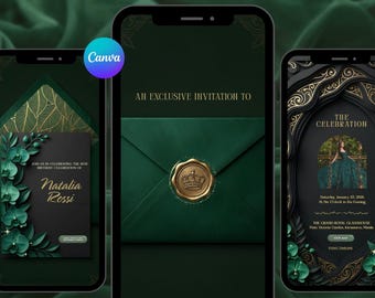 Emerald Green Birthday Website Invitation Template, Luxury Gold Filigree Invitation, Royal Forest Birthday Website, Sweet 16 Mobile Invite