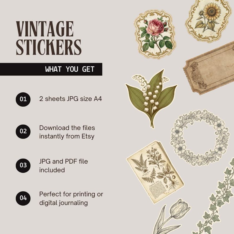 Vintage Floral & Botanical Sticker Bundle | Printable Journal Stickers ...