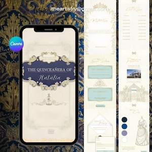 Puede incluir: Una plantilla de invitación digital para una Quinceañera en la pantalla de un teléfono, con un marco ornamentado azul marino, detalles dorados y el texto 'THE QUINCEAÑERA OF Natalia'. El diseño incluye secciones para detalles del evento, RSVP y un boceto de vestido.