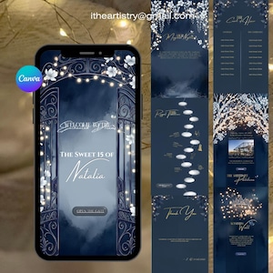Plantilla de sitio web para quinceañera, invitación de cumpleaños "Sueño de una noche de verano", quinceañera "Bosque encantado azul rey" de Canva, confirmación de asistencia de lujo.