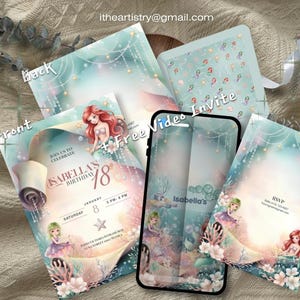 May include: A mermaid-themed birthday invitation set featuring a scroll design, a smartphone displaying a video invite, and an RSVP card. The stationery includes illustrations of mermaids, coral, starfish, and pearls with text reading Isabella's 18th Birthday.