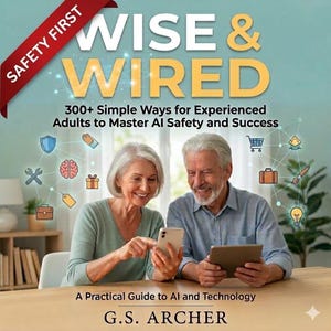 May include: The book cover for "Wise & Wired" shows an older couple using a tablet and smartphone. The title is in large, bold letters, with the subtitle "300+ Simple Ways for Experienced Adults to Master AI Safety and Success." The author is G.S. Archer.