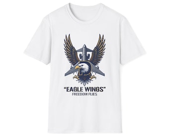 Eagle Wings emblem T-Shirt | Bald eagle, shield & banner, patriotic aviation design