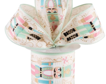 Pastel Nutcracker Christmas Wired Ribbon, Ivory Pink Mint, 2.5" x 10 Yards