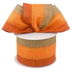 Fall Tricolor Striped Ribbon, Orange Rust Tan Burlap Style, 2.5" x 10 Yards