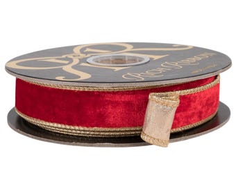 Christmas Red Velvet Wired Ribbon, Gold Metallic Backing, 1" x 10 Yards