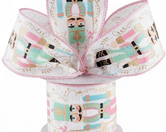 Pastel Nutcracker Christmas Wired Ribbon, Pink Mint Blue, 2.5" x 10 Yards