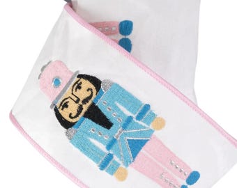 Pastel Nutcracker Embroidered Christmas Wired Ribbon, Pink Blue, 4" x 5 Yards
