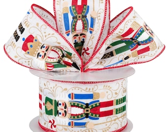 Classic Nutcracker Christmas Wired Ribbon, White Red Green Gold, 2.5" x 10 Yards