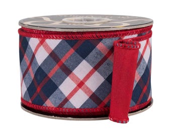Navy Blue Red White Plaid Wired Dupioni Ribbon, 2.5" x 10 Yards
