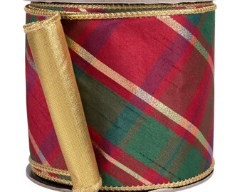 Christmas Plaid Dupioni Wired Ribbon, Red Green Gold, 4" x 10 Yards