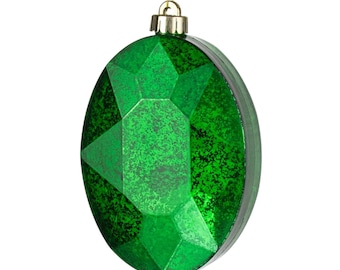 Emerald Green Mercury Glass Look Gem Ornament, Oval Shatterproof Jewel, 6.5"