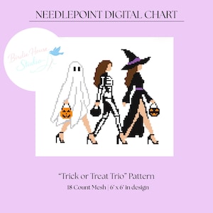 May include: A needlepoint digital chart titled Trick or Treat Trio Pattern. The design features three figures in Halloween costumes: a ghost, a skeleton, and a witch, each carrying a small orange jack-o'-lantern bucket. 18 Count Mesh 6' x 6'.