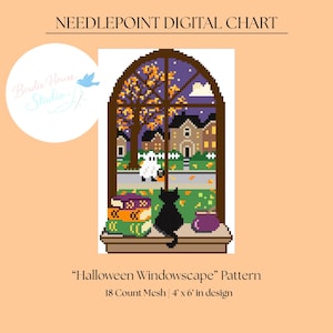 May include: A needlepoint digital chart titled Halloween Windowscape Pattern. The pixel art shows a window view of a neighborhood at night with a ghost, a stack of three books, a black cat, and a purple cauldron on the sill. 18 Count Mesh 4' x 6' in design.