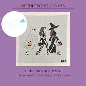 May include: A needlepoint canvas featuring the Trick or Treat Trio pattern on 18 count mesh. The design shows a ghost, a skeleton, and a witch in a black dress, each holding a small orange pumpkin bucket. The canvas measures 8 by 8 inches.