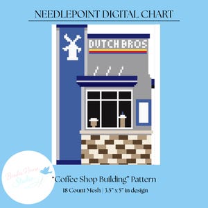 Pode incluir: Um gráfico digital de ponto de agulha com um design de pixel art de uma cafeteria Dutch Bros. O design inclui uma torre azul com um ícone de moinho de vento branco, paredes cinzas, um telhado azul escuro e uma base de tijolos marrons.