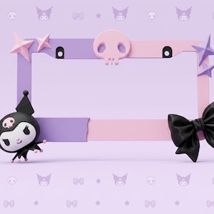May include: A rectangular license plate frame featuring a split purple and pink design. The top center has a pink skull icon, while the corners are decorated with purple stars. A black bow is on the right, and a black Kuromi character is on the left.
