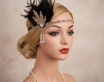 Diadema estilo flapper vintage / Adorno para el cabello con perlas, plumas y pedrería / Tocado de fiesta para mujer