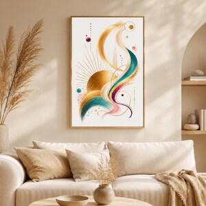 Pôster celestial abstrato luxuoso, arte de parede em tons de dourado e azul-petróleo, estampa cósmica moderna, decoração elegante e marcante.