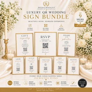 May include: Nine gold-framed wedding signs with QR codes, including "Gift Registry," "RSVP," and "Share Your Photos." The signs are designed for a seamless experience and are editable in Canva.