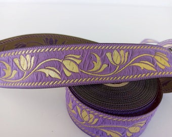 35 mm - 1.25" lilac&gold Jacquard border, embroider jacquard ribbon, flower pattern trim, tulip printed ribbon