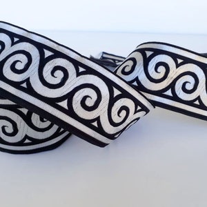 50mm (1+7/8 inch) Scroll pattern large jacquard upholstery trim by the yard, Black and silver sewing woven ribbon, Embroidered fabric trim