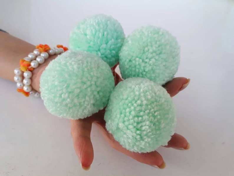 4 pcs 2 inches yarn pom poms in mint green color Handmade wool fluffy pompoms