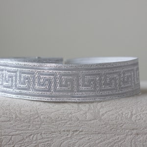 35 mm-  1.25&quot; metalic silver greek key Jacquard ribbon, Embroidered border, shiny silver Greek key Jacquard trim, Woven Border