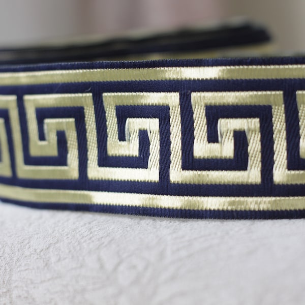 50mm (2 inches) navy blue jacquard trim with metallic gold greek key by the meter, Greek key ribbon, Greece key trim