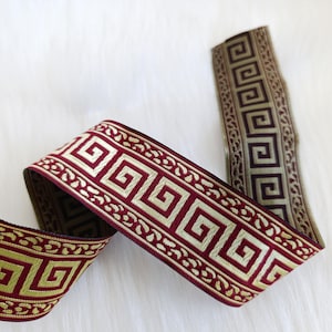 50mm (2 inches) Thick jacquard ribbon in burgundy and metallic gold color, Drapery trim by the yard, Greek key trim