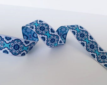 25mm-1 inch Blue and white Florwer ribbon, Craft Border Trim, Jacquard Costume border, blue sewing trim