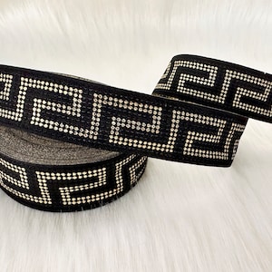 28mm ( 1.10 inch ) Black& Shiny Gold sewing trim with metallic gold greek key by the yard, greek key bordur