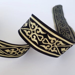 35 mm - 1.25&quot; Black&Gold Royal Celtic Heart Jacquard Ribbon, Heart Embroidered Ribbons, Jacquard Trim, Ribbon Trim, Sewing Trims