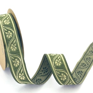 22 mm_ 0.86 inch green&gold flower Jacquard ribbon, gold floral costume trim, sewing trim with ribbon