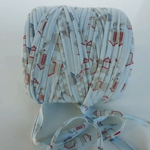 May include: A tightly wound roll of light blue fabric with a repeating pattern of red and tan houses and arrows. The fabric is tied with a matching ribbon, suggesting a craft or sewing project.