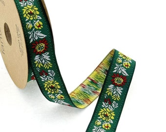 22 mm_ 0.86 inch Green flower Jacquard ribbon, floral costume trim, sewing trim with ribbon