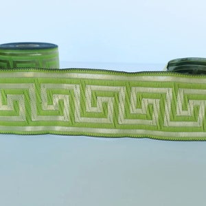 50mm (2 inches) Thick jacquard ribbon in green and gold color, Drapery trim by the yard, Greek key trim