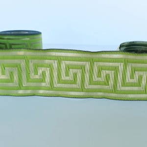 50mm (2 inches) Thick jacquard ribbon in green and gold color, Drapery trim by the yard, Greek key trim