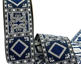 50mm (2 inches)  geometric patterns woven, diamond pattern trim, navy blue and silver ribbon, oriental jacquard trim by the yard