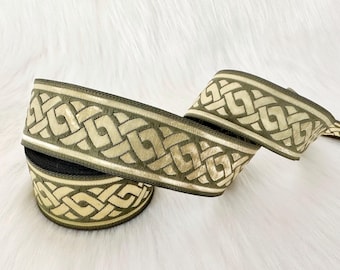 35 mm - 1.25"  spiral style green and gold Jacquard ribbon, knitting pattern border, celtic woven border