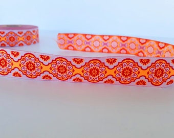 25mm-1 inch orange and white Florwer ribbon, Craft Border Trim, Jacquard Costume border, orange sewing trim