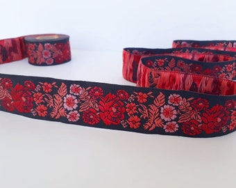 35 mm - 1.25" red&black flower jacquard ribbon, flower Sewing trim, Black Craft border, novelty jacquard, by the meter